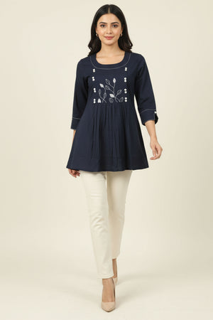 Navy Blue Cotton Tunic Top Featuring Embroidery Accents