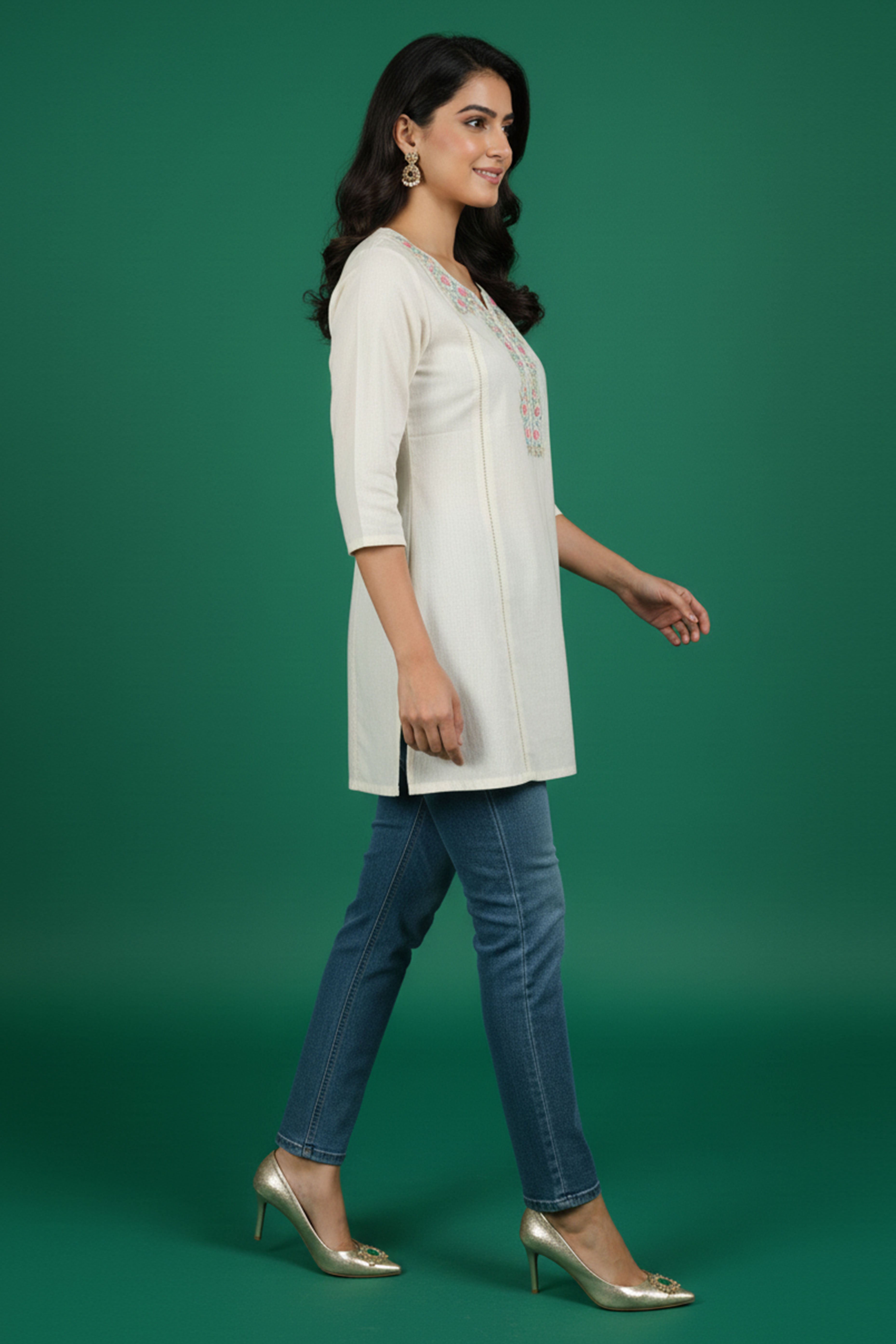 White Floral Embroidered A-Line Top in Pure Cotton