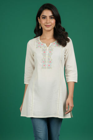 White Floral Embroidered A-Line Top in Pure Cotton
