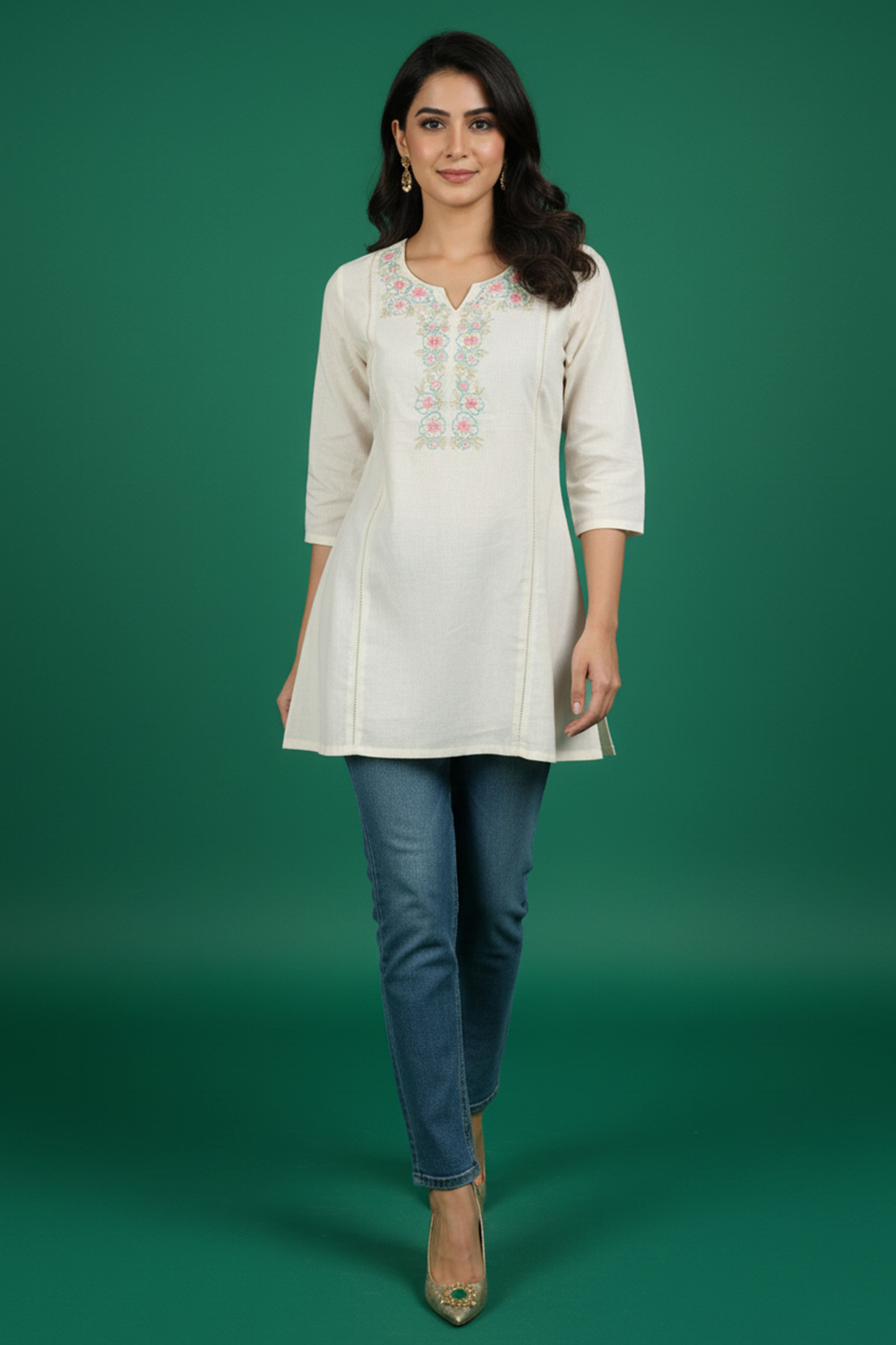 White Floral Embroidered A-Line Top in Pure Cotton