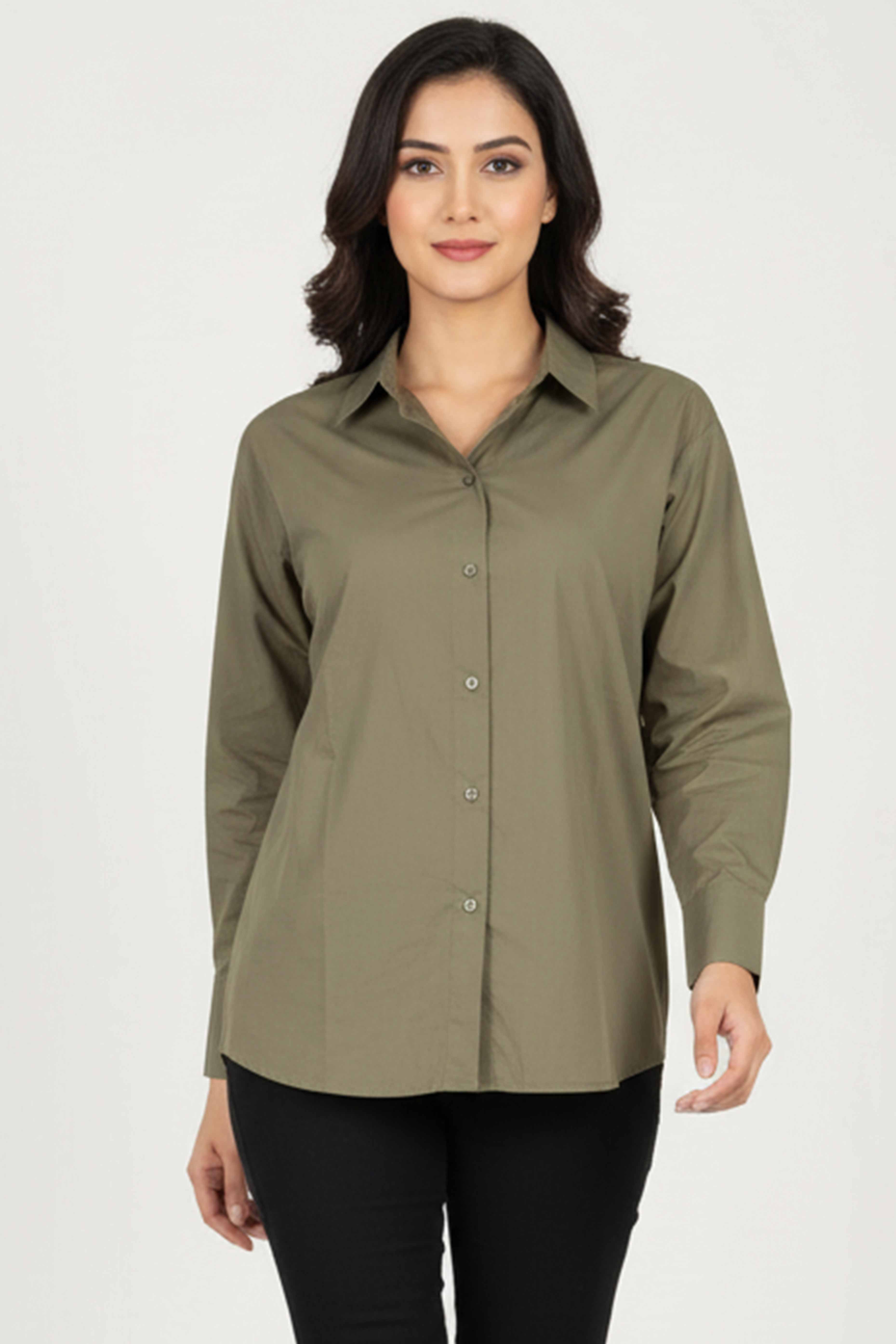 Trendy Olive Green Solid Cotton Blend Casual Shirt With Classic Spread Collar Finish