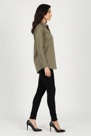 Trendy Olive Green Solid Cotton Blend Casual Shirt With Classic Spread Collar Finish