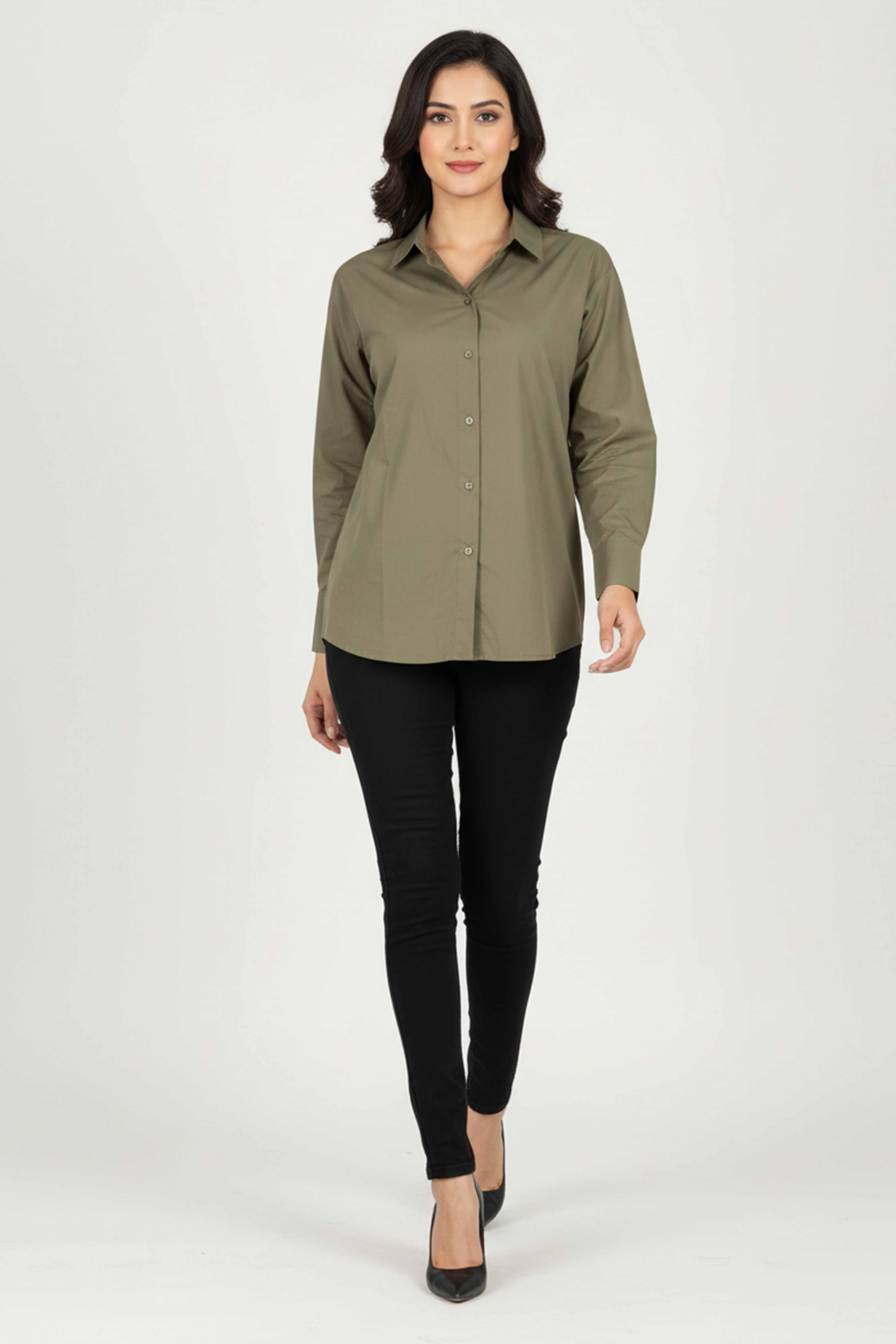 Trendy Olive Green Solid Cotton Blend Casual Shirt With Classic Spread Collar Finish