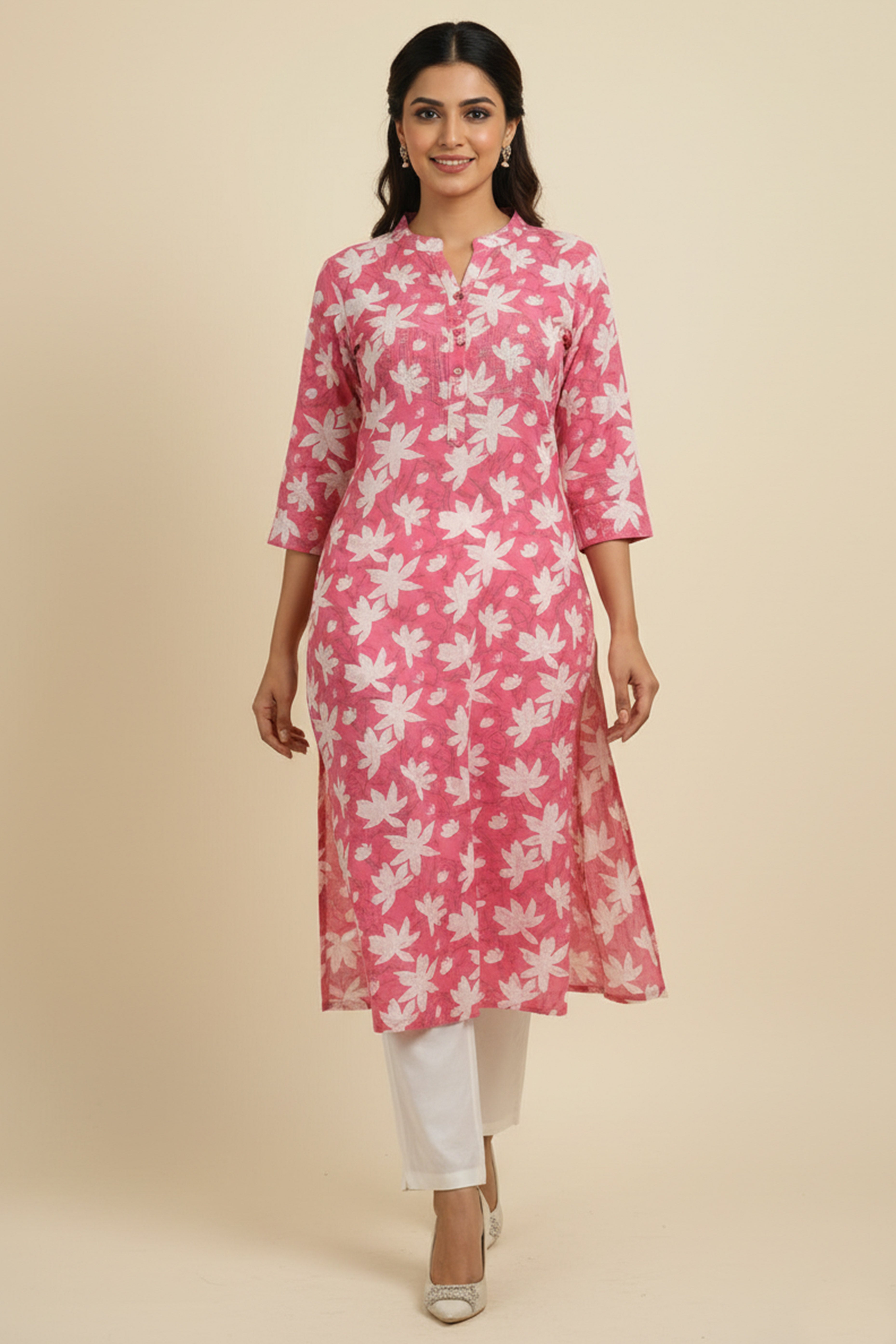 Pink Floral Printed Straight Kurti with Handcrafted Mirror Work Detailing