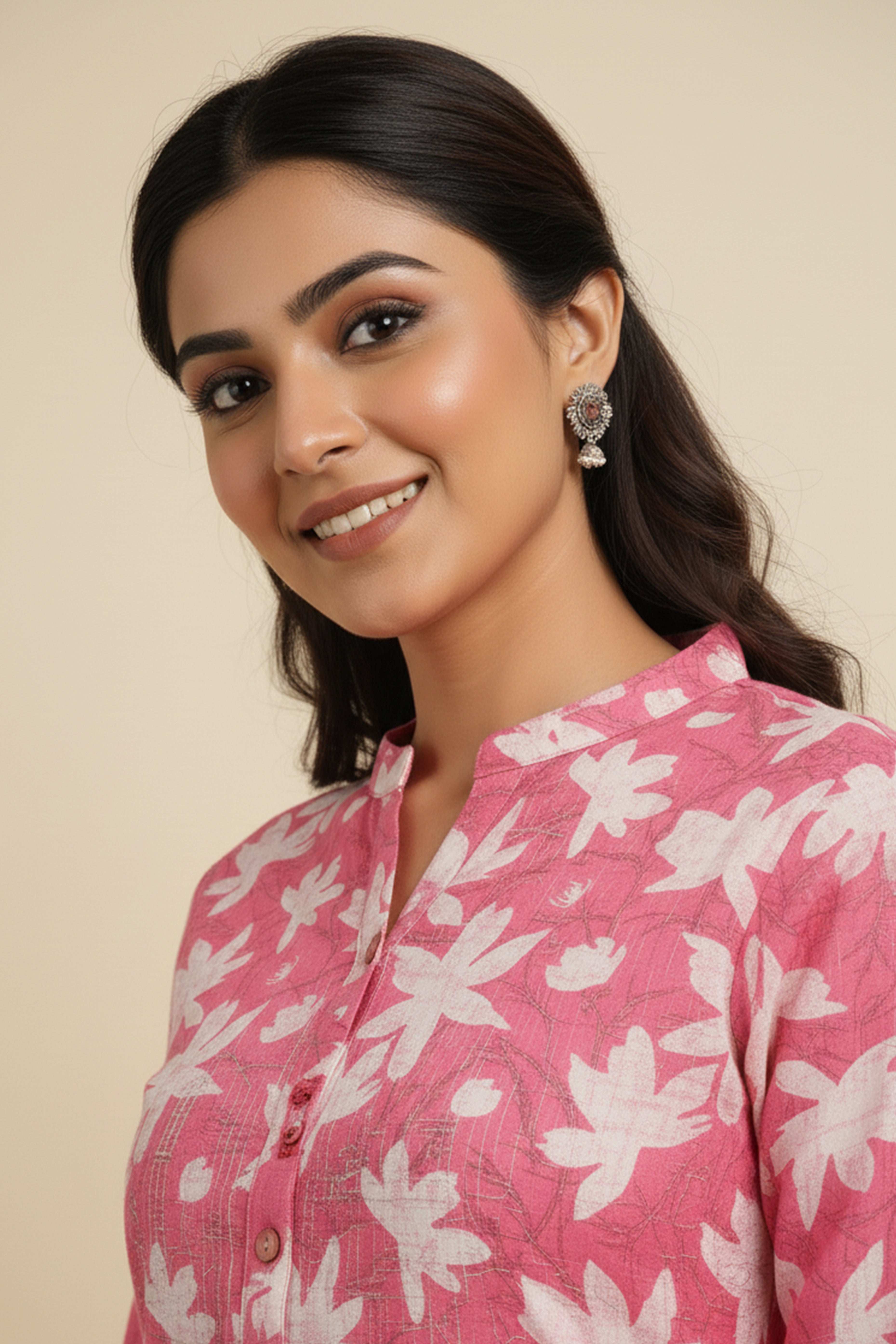 Pink Floral Printed Straight Kurti with Handcrafted Mirror Work Detailing