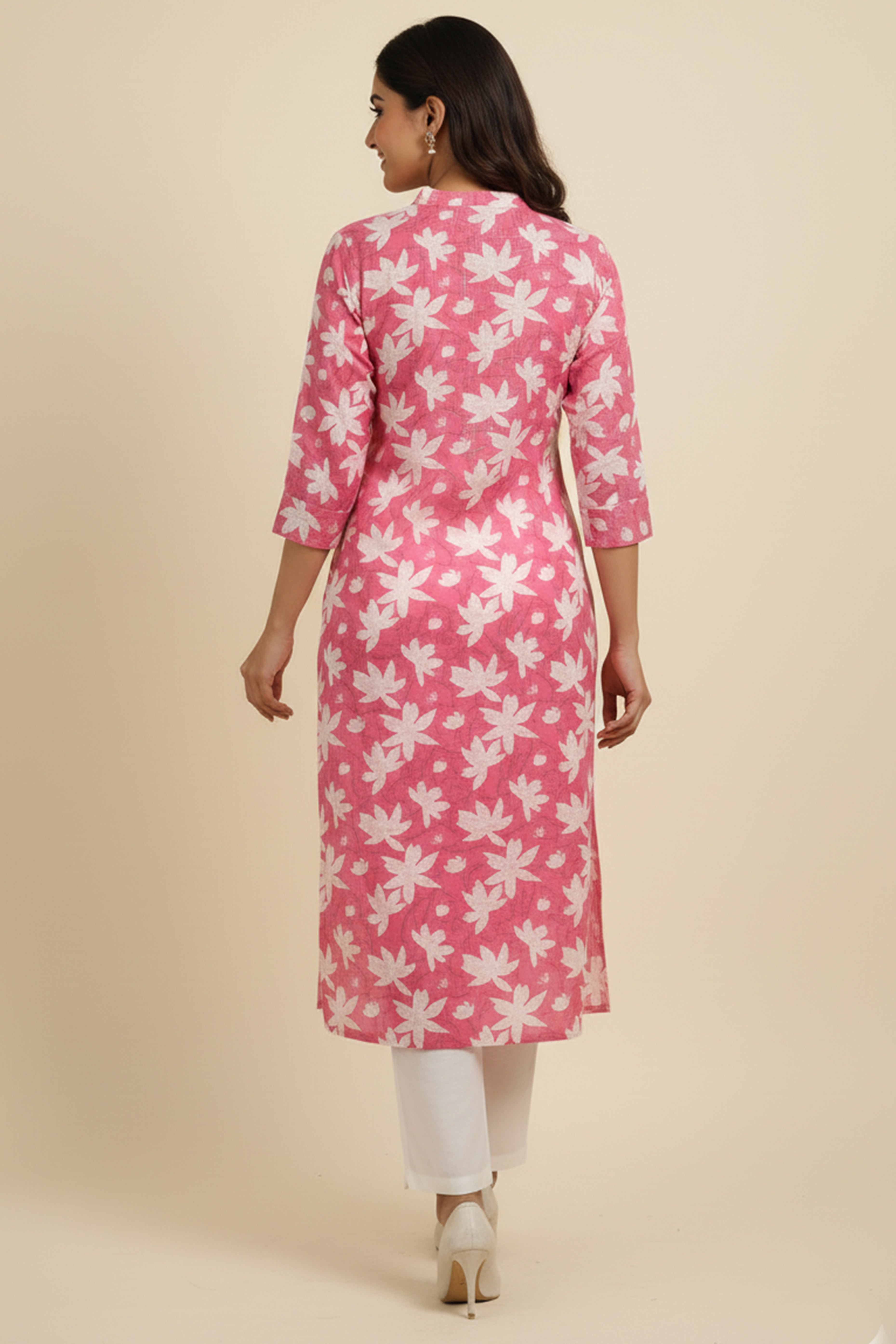 Pink Floral Printed Straight Kurti with Handcrafted Mirror Work Detailing