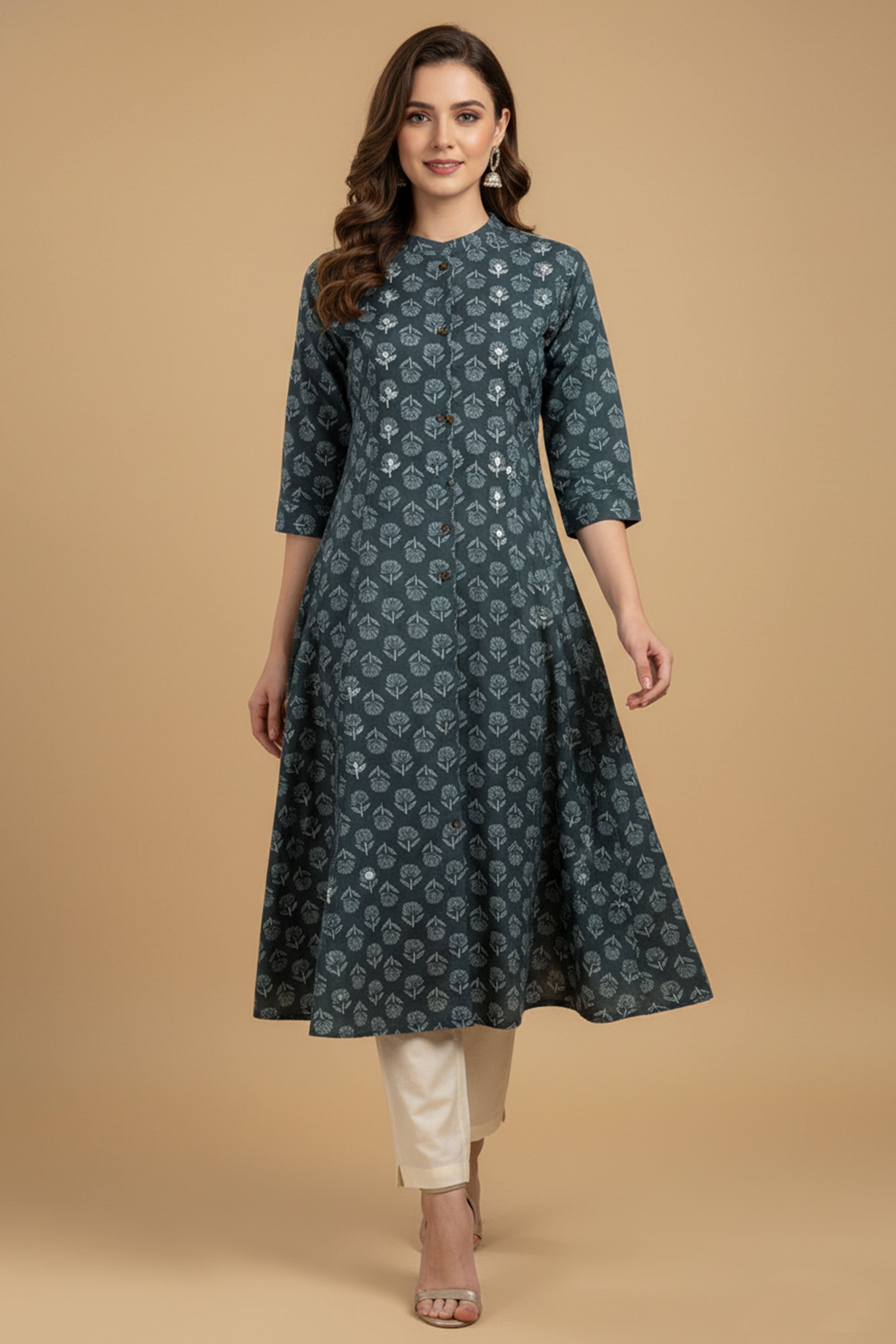 Lightweight Teal Floral Printed A-Line Kurti Perfect for Everyday Styling and Comfort