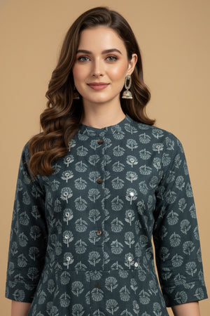 Lightweight Teal Floral Printed A-Line Kurti Perfect for Everyday Styling and Comfort
