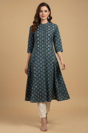 Lightweight Teal Floral Printed A-Line Kurti Perfect for Everyday Styling and Comfort