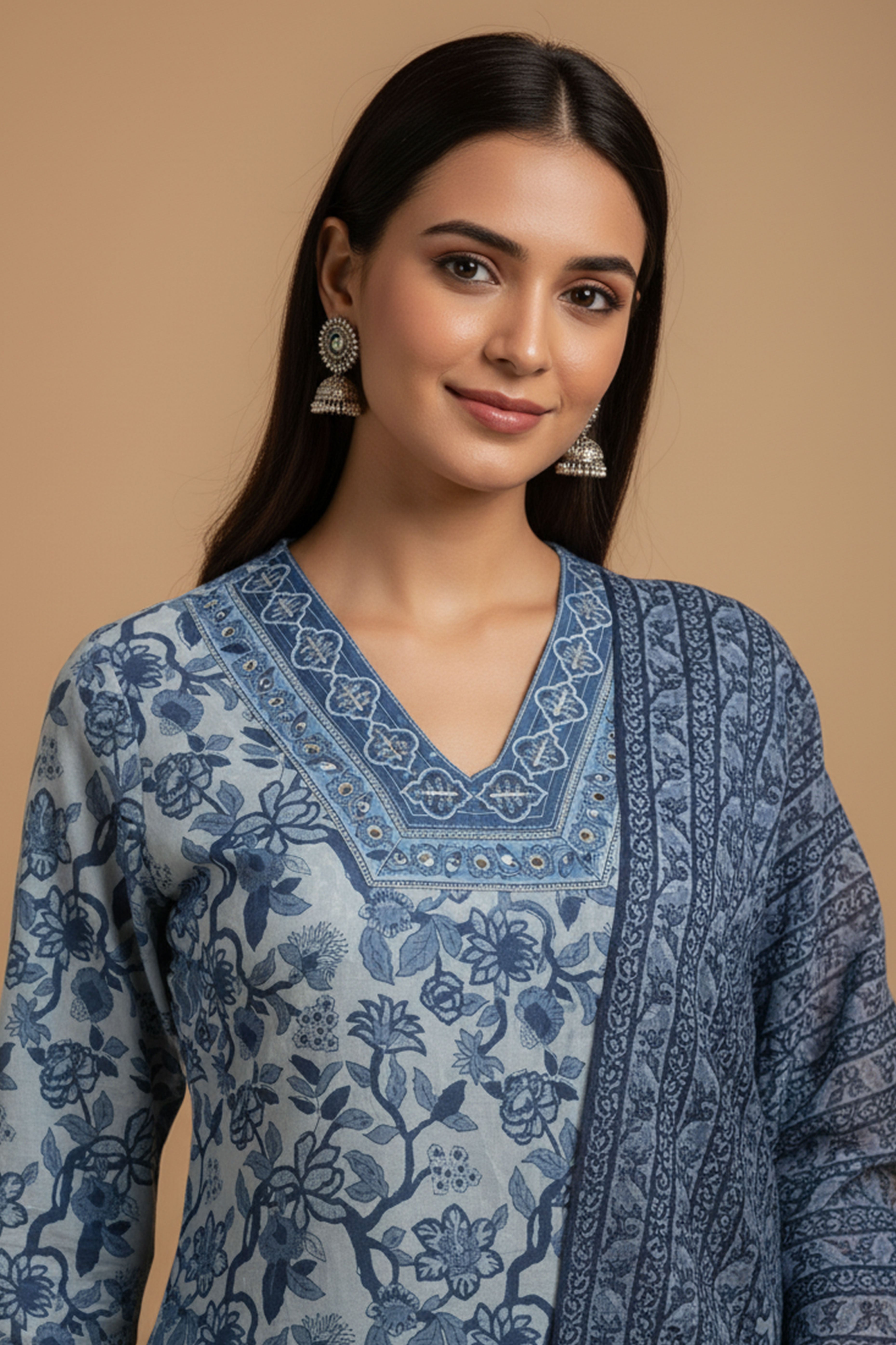 Comfort Fit Blue Floral Cotton Salwar Suit with Neckline Embroidery Detailing