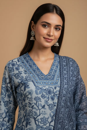 Comfort Fit Blue Floral Cotton Salwar Suit with Neckline Embroidery Detailing
