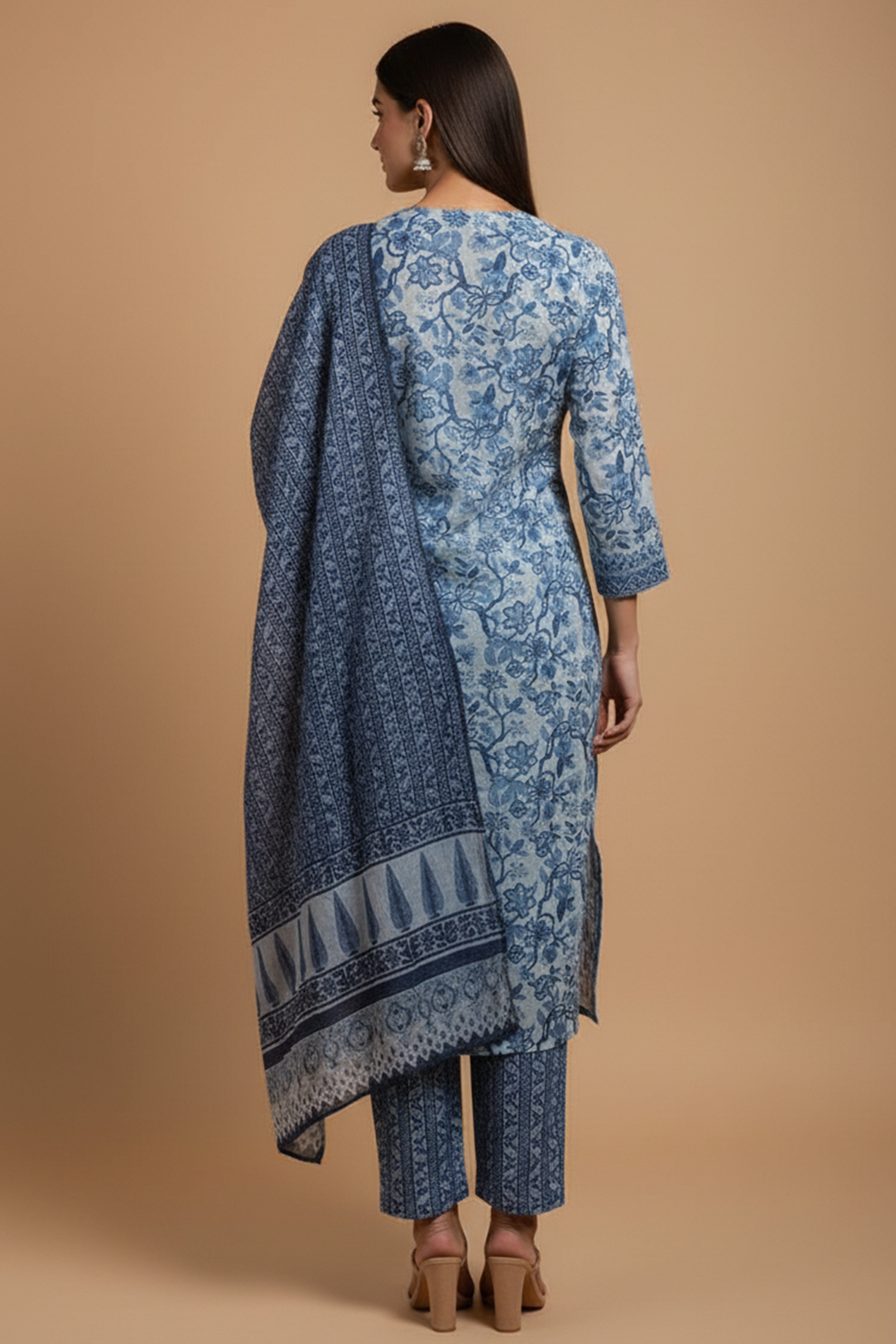 Comfort Fit Blue Floral Cotton Salwar Suit with Neckline Embroidery Detailing