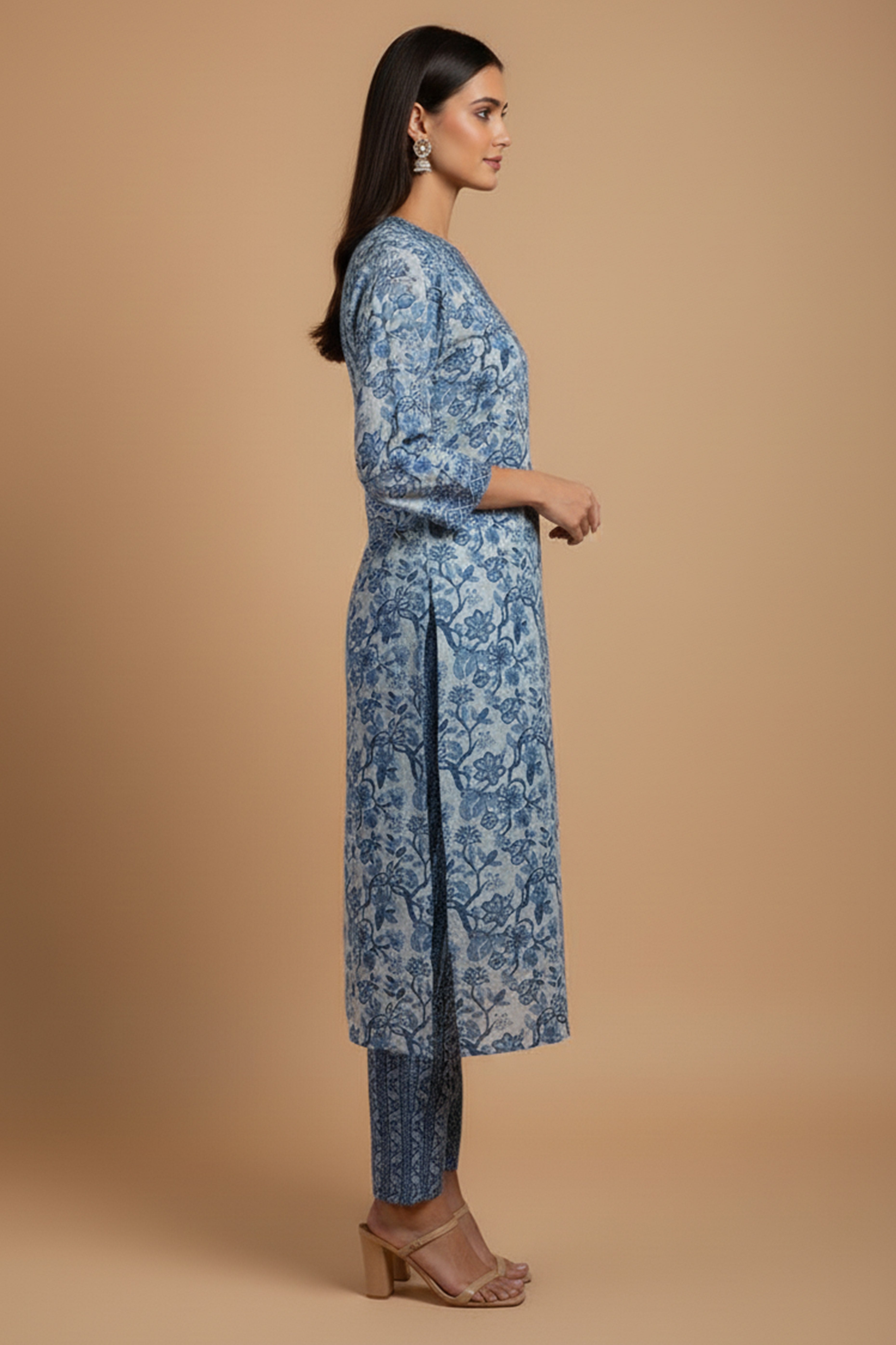 Comfort Fit Blue Floral Cotton Salwar Suit with Neckline Embroidery Detailing