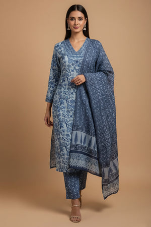 Comfort Fit Blue Floral Cotton Salwar Suit with Neckline Embroidery Detailing