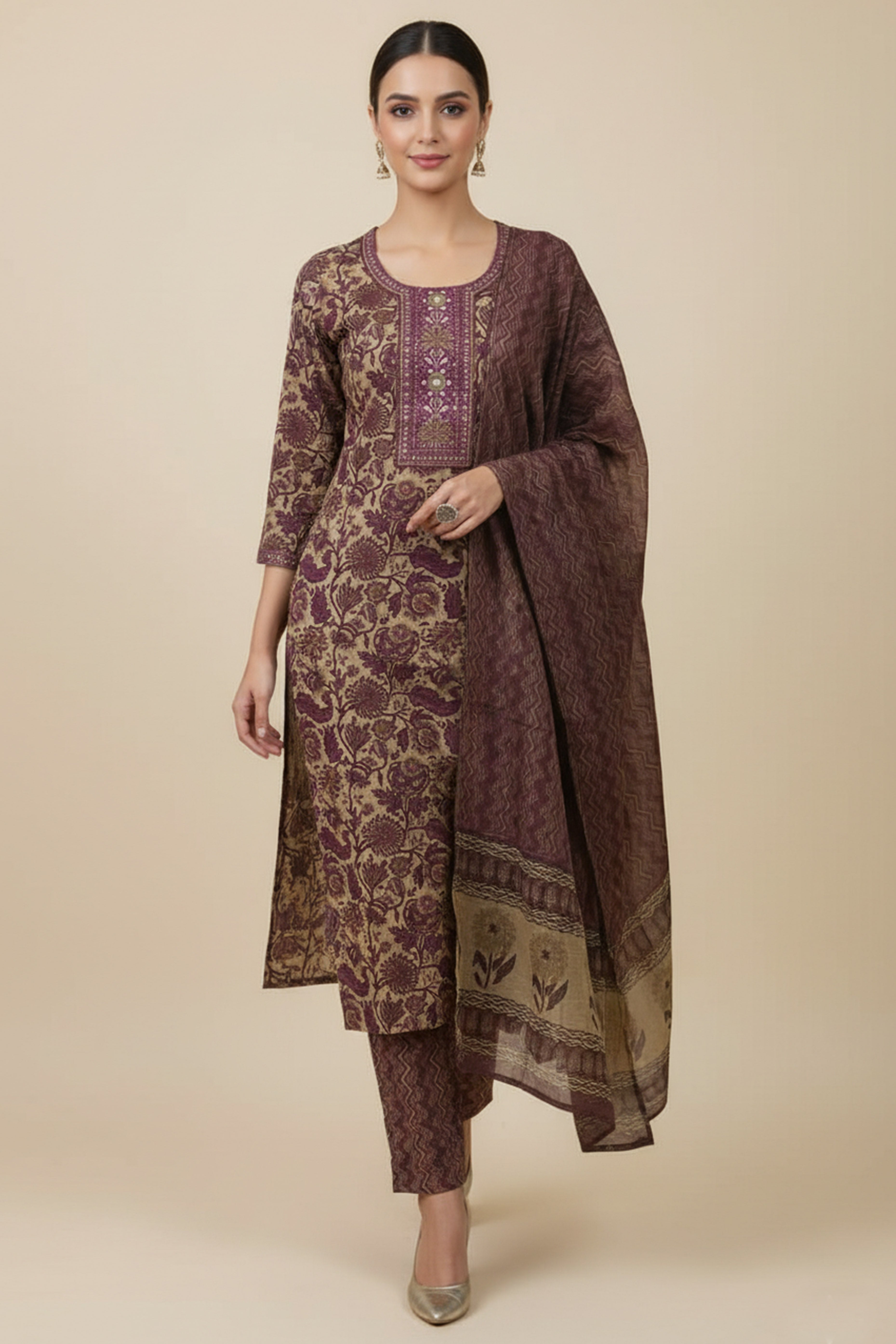 Lightweight Brown Pure Cotton Floral Suit Highlighted with Beautiful Neck Patch Embellishments
