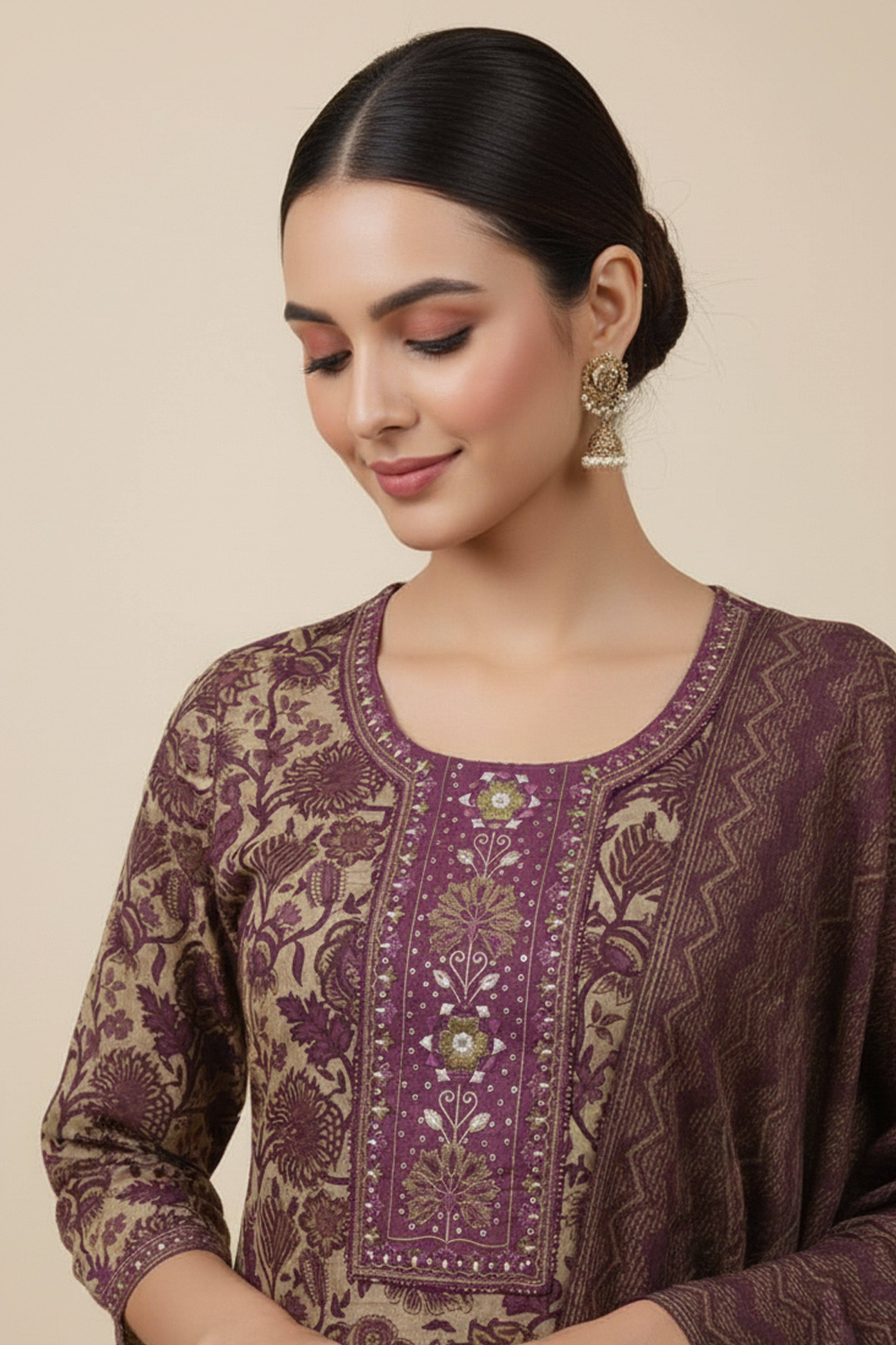 Lightweight Brown Pure Cotton Floral Suit Highlighted with Beautiful Neck Patch Embellishments