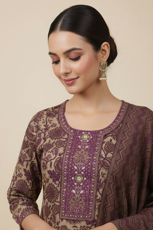 Lightweight Brown Pure Cotton Floral Suit Highlighted with Beautiful Neck Patch Embellishments