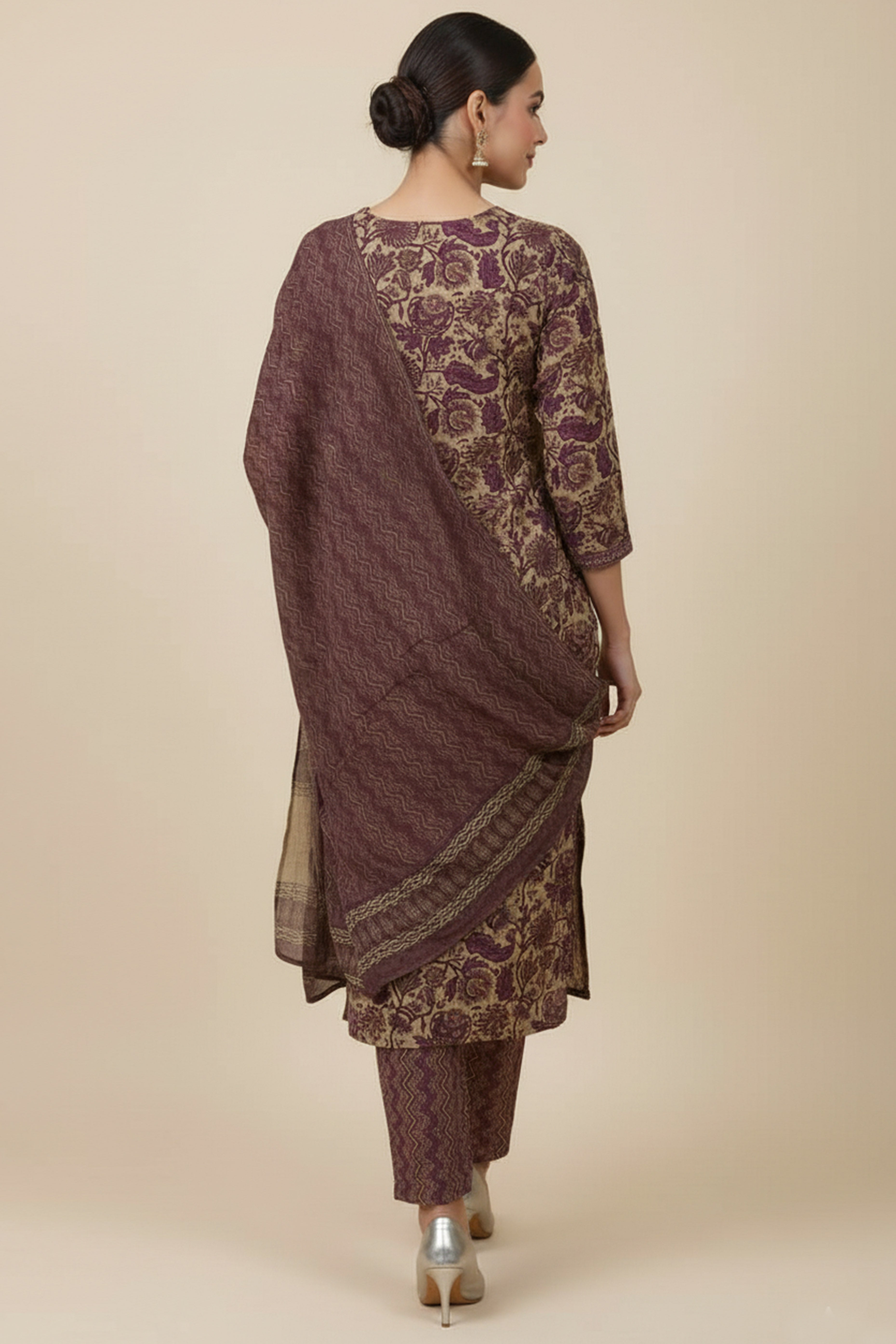 Lightweight Brown Pure Cotton Floral Suit Highlighted with Beautiful Neck Patch Embellishments