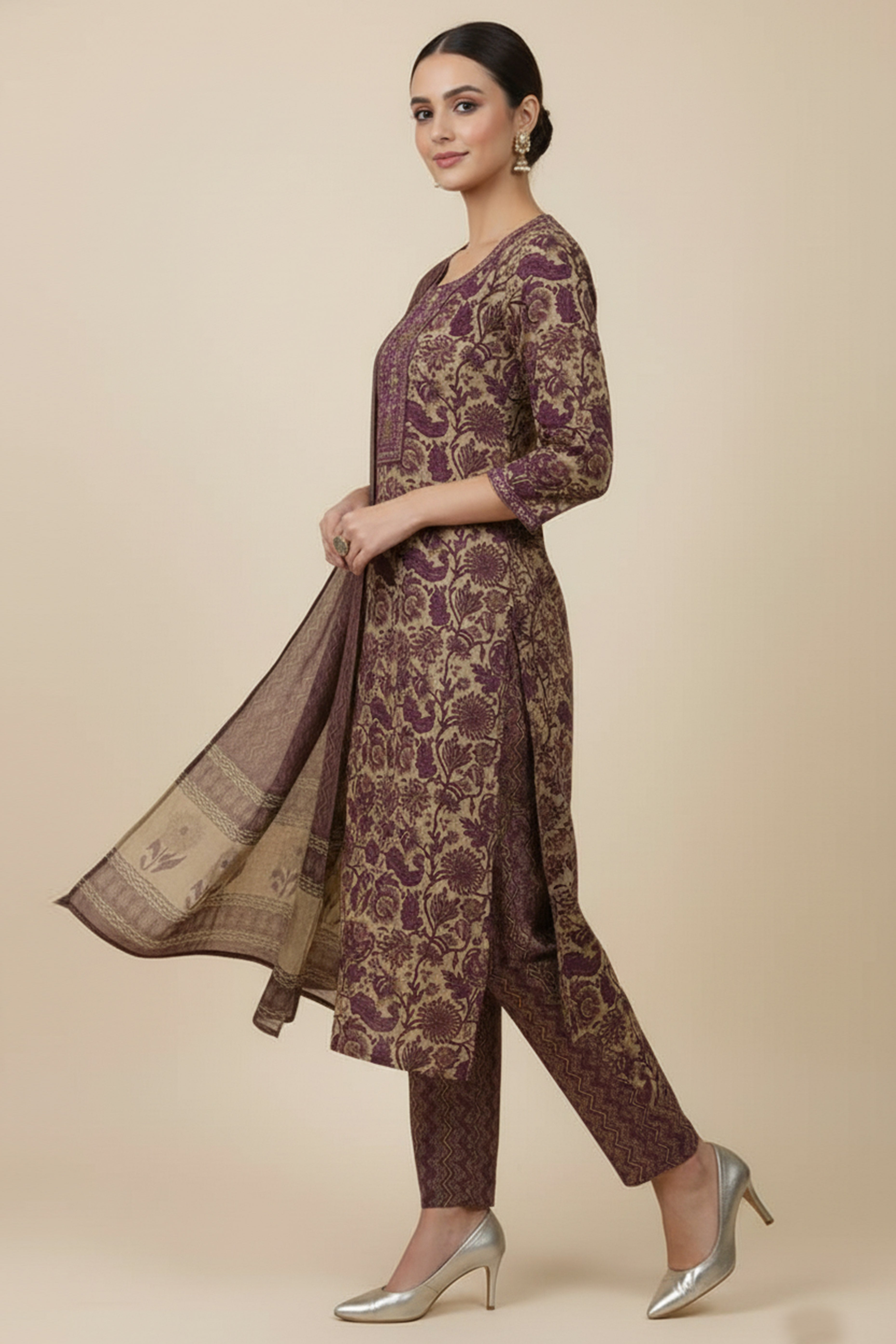 Lightweight Brown Pure Cotton Floral Suit Highlighted with Beautiful Neck Patch Embellishments