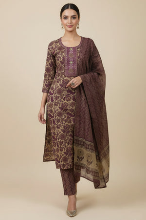 Lightweight Brown Pure Cotton Floral Suit Highlighted with Beautiful Neck Patch Embellishments