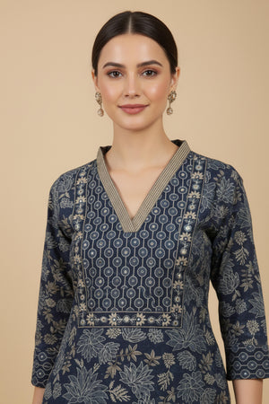 Beautiful Blue Floral Printed Pure Cotton Straight Cut Suit Perfect for Festive Wear