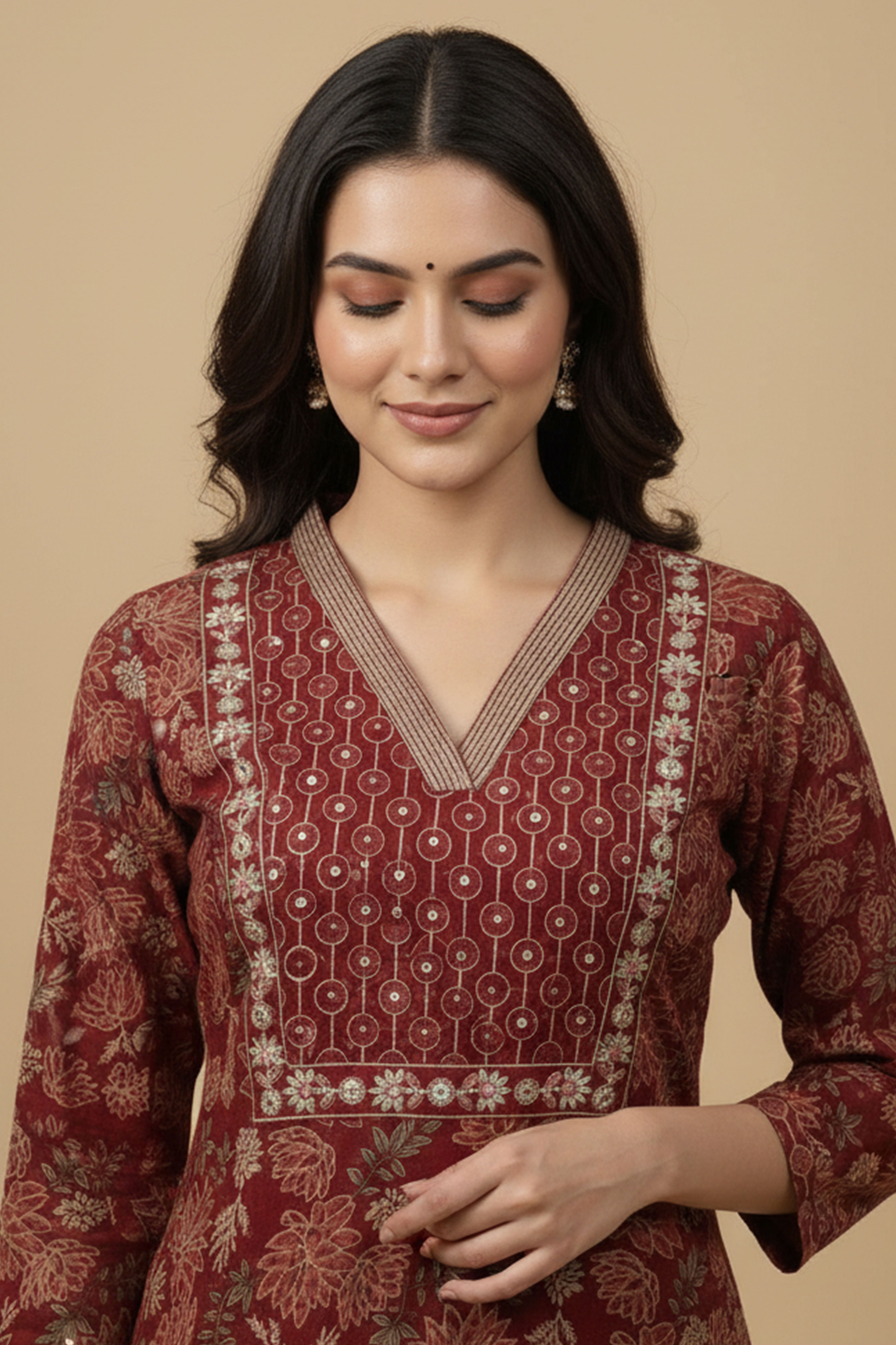 Beautiful Maroon Floral Printed Pure Cotton Straight Cut Suit Perfect for Festive Wear