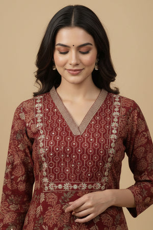 Beautiful Maroon Floral Printed Pure Cotton Straight Cut Suit Perfect for Festive Wear