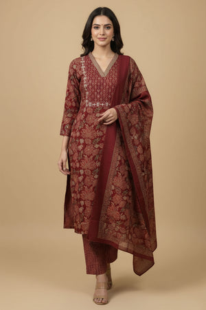 Beautiful Maroon Floral Printed Pure Cotton Straight Cut Suit Perfect for Festive Wear