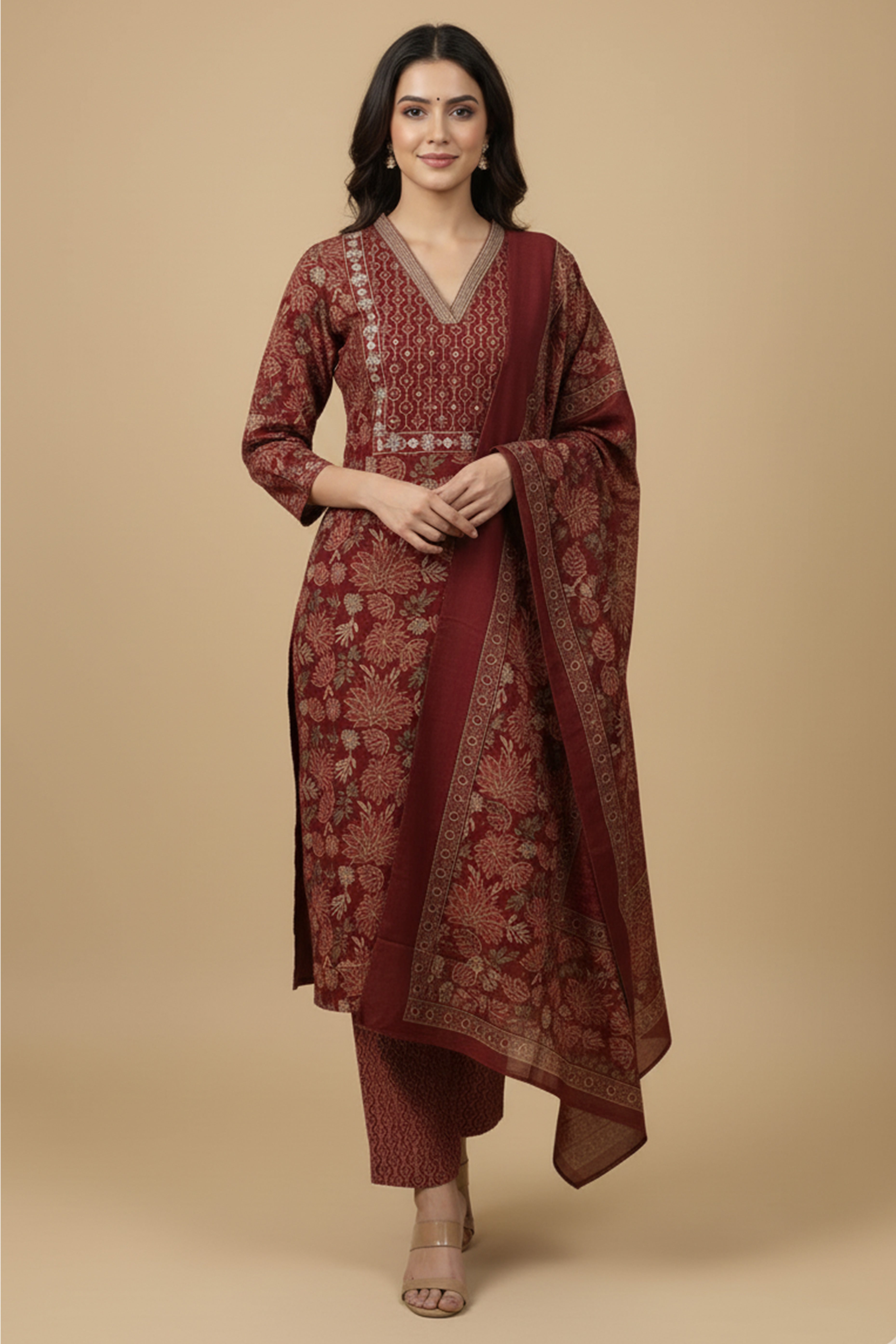 Beautiful Maroon Floral Printed Pure Cotton Straight Cut Suit Perfect for Festive Wear