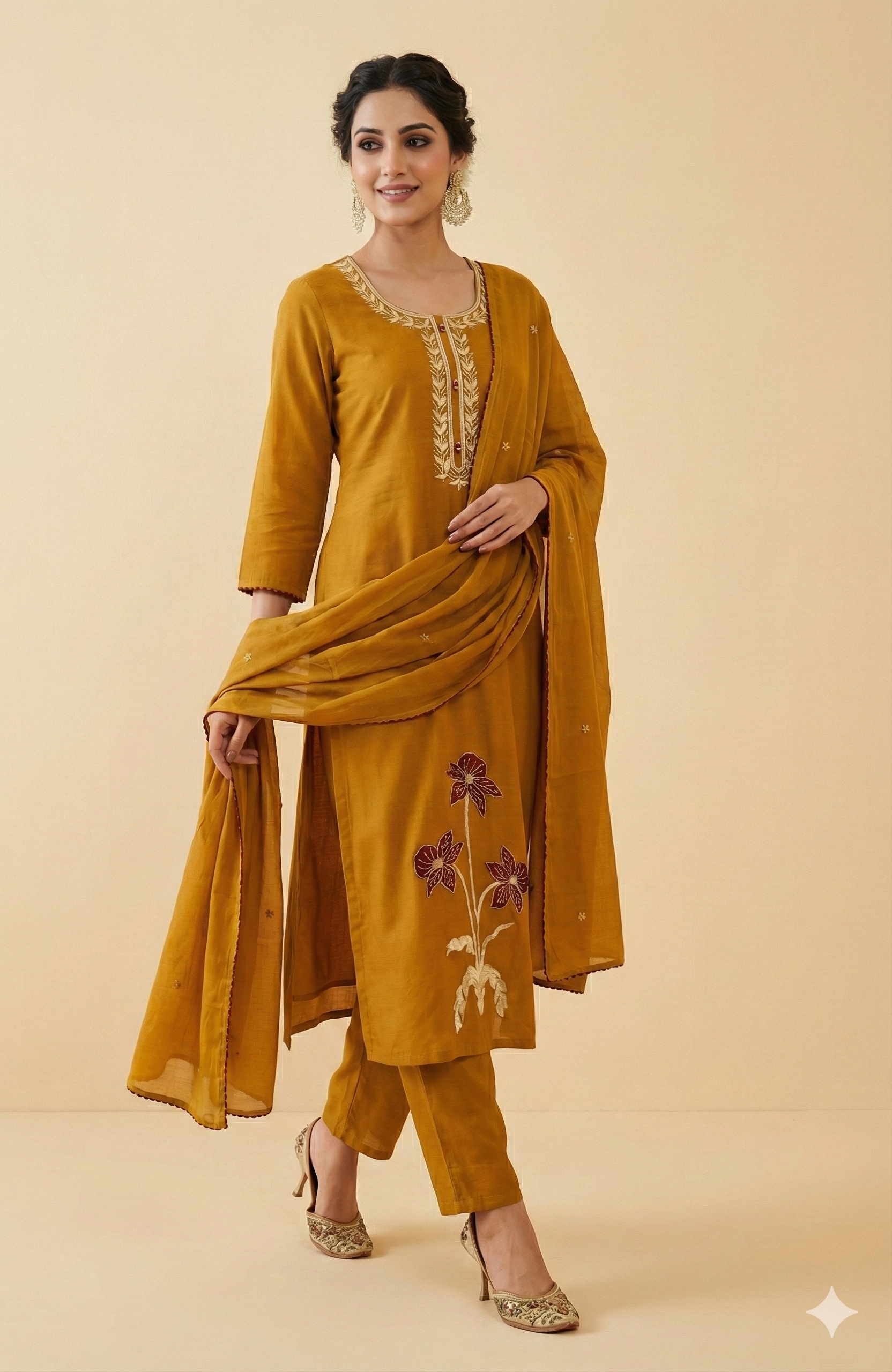 Mustard Straight-Cut Pure Cotton Salwar Suit Featuring Delicate Thread Embroidered Detailing
