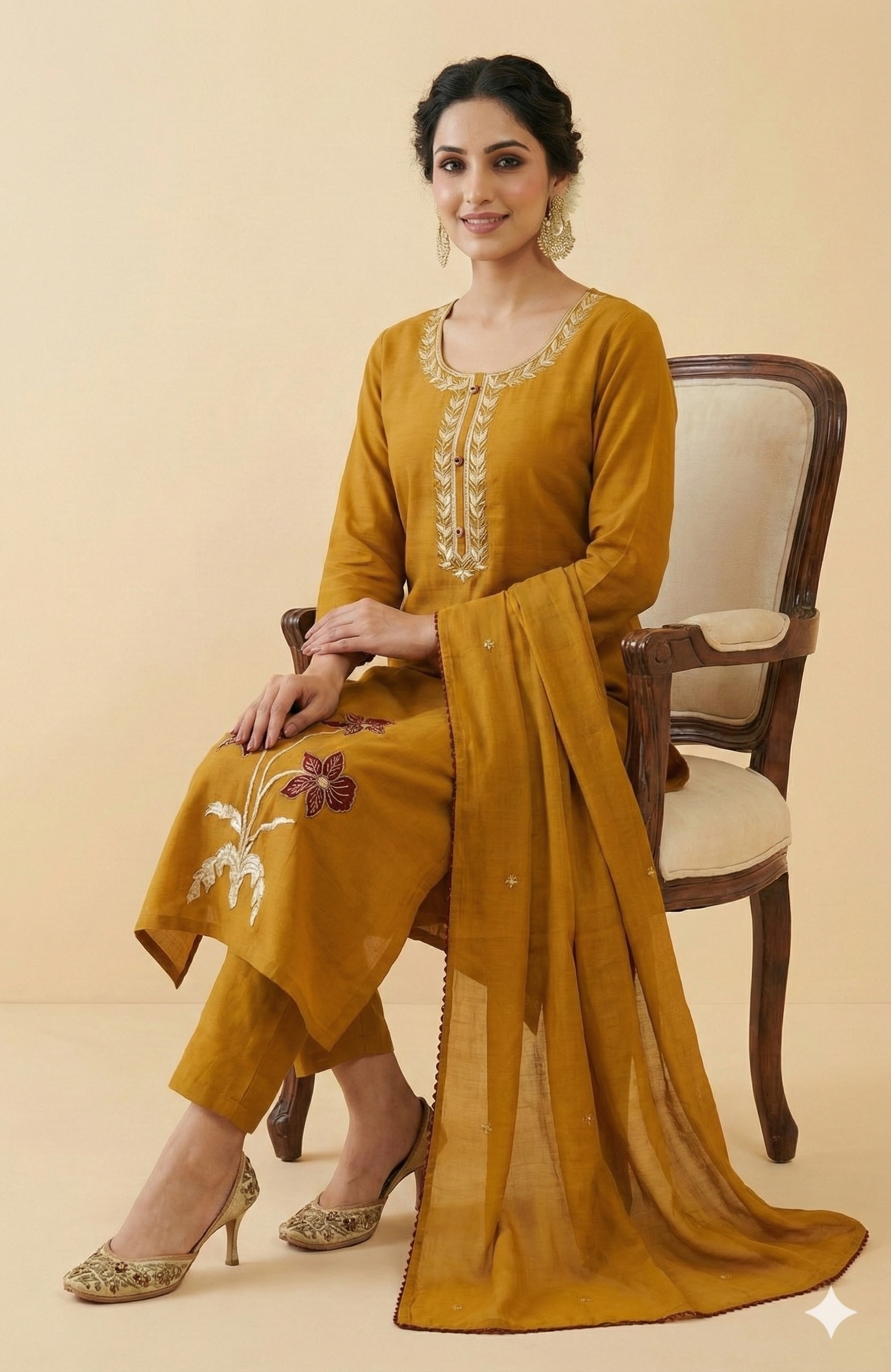 Mustard Straight-Cut Pure Cotton Salwar Suit Featuring Delicate Thread Embroidered Detailing