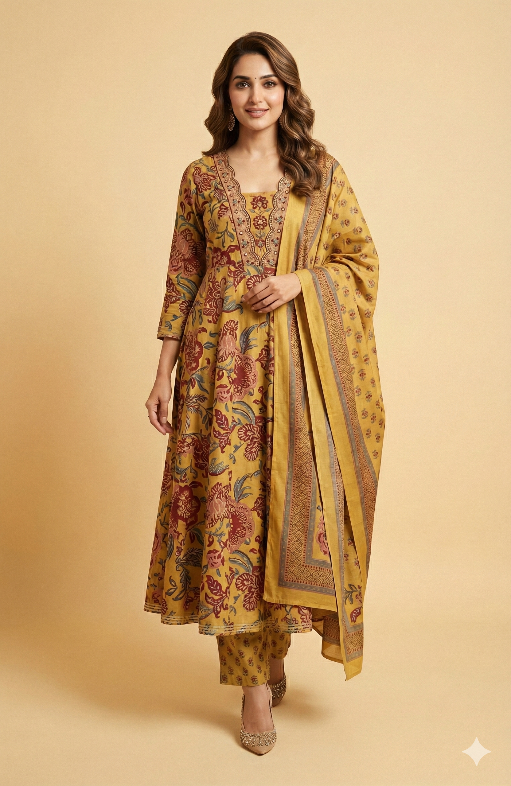 Mustard Floral Print Pure Cotton A-Line Salwar Suit Crafted for Breezy and Stylish Wear
