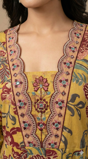 Mustard Floral Print Pure Cotton A-Line Salwar Suit Crafted for Breezy and Stylish Wear