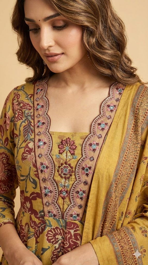 Mustard Floral Print Pure Cotton A-Line Salwar Suit Crafted for Breezy and Stylish Wear