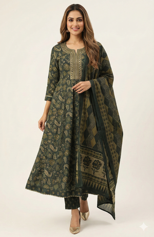 Dark Green Graceful Paisley Printed Pure Cotton Anarkali Suit for Festive Wear