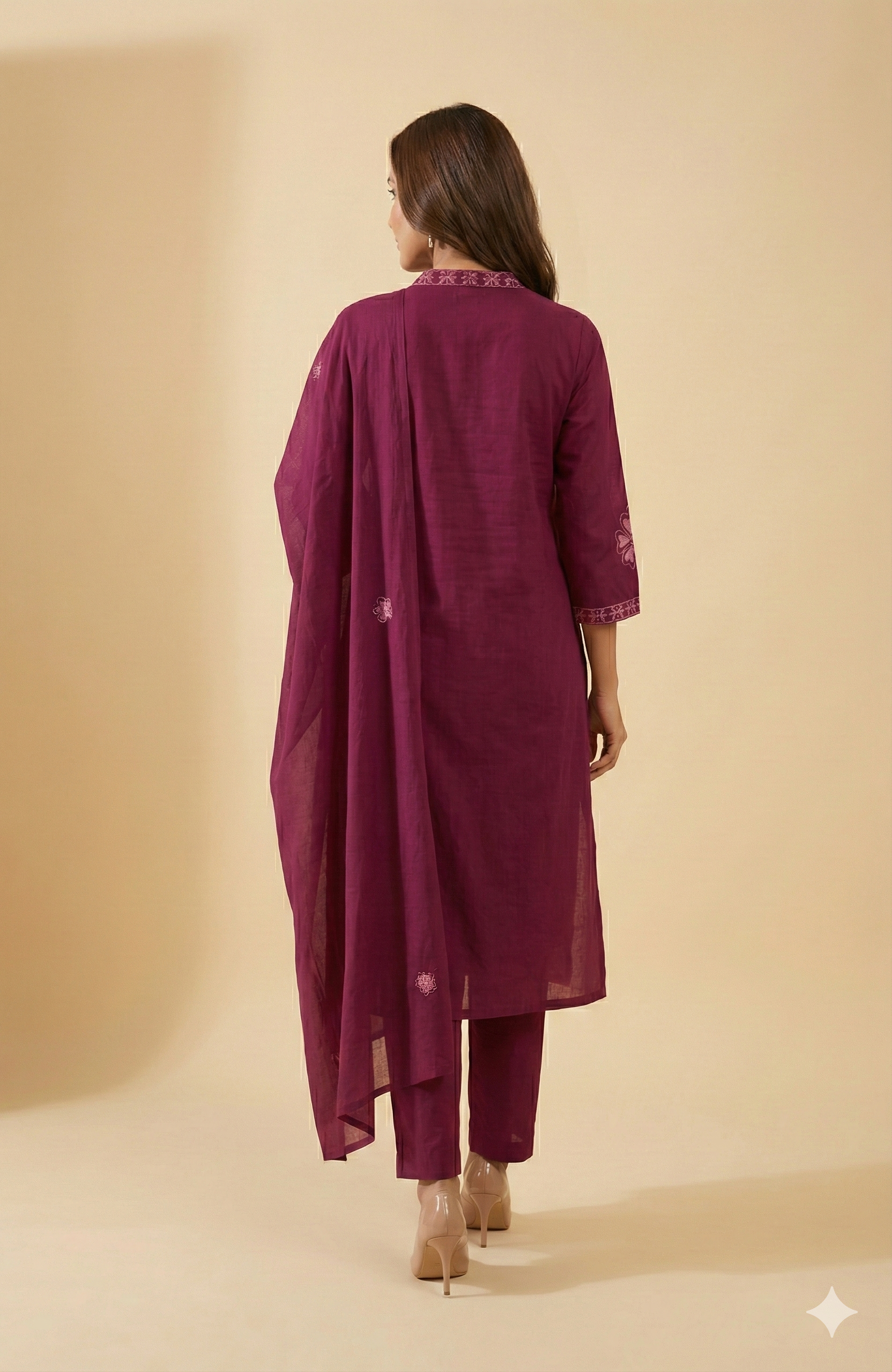 Wine Elegant Floral Embroidered Pure cotton A-Line Salwar Suit for Festive Wear