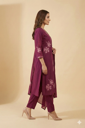 Wine Elegant Floral Embroidered Pure cotton A-Line Salwar Suit for Festive Wear