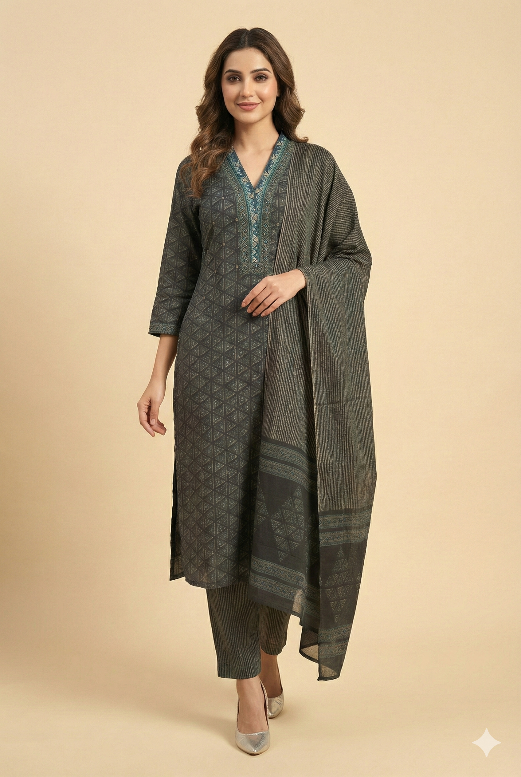 Black Pure Cotton Straight Cut Salwar Suit with Modern Geometric Prints