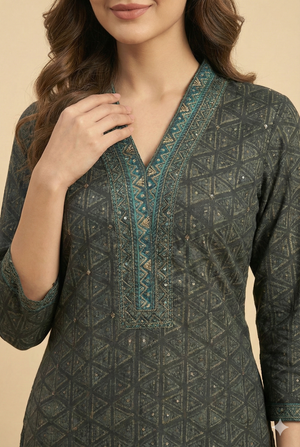 Black Pure Cotton Straight Cut Salwar Suit with Modern Geometric Prints