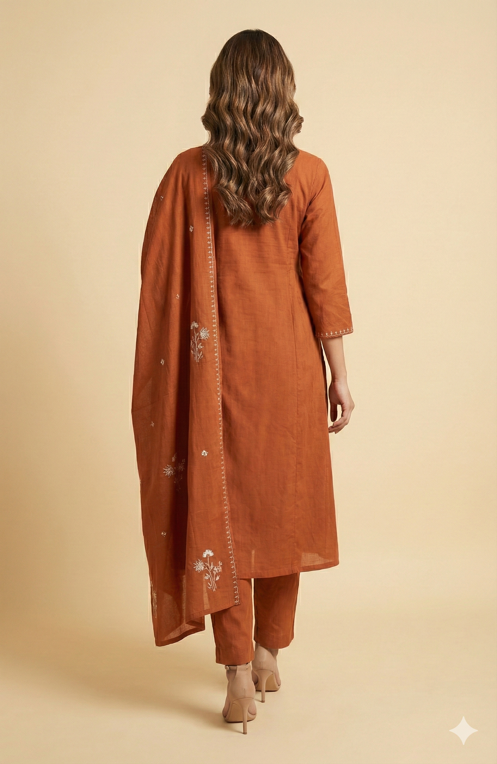 Rust Floral Embroidered Pure Cotton Salwar Suit with Flattering A-Line Fit