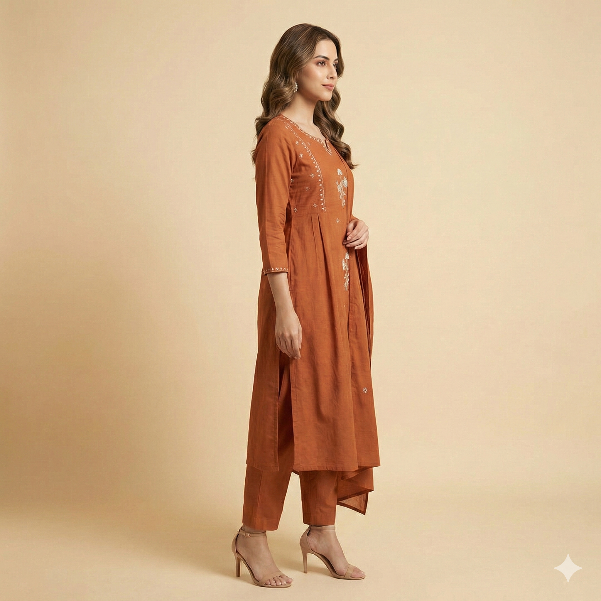 Rust Floral Embroidered Pure Cotton Salwar Suit with Flattering A-Line Fit