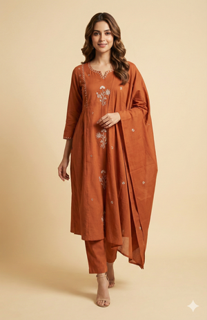 Rust Floral Embroidered Pure Cotton Salwar Suit with Flattering A-Line Fit