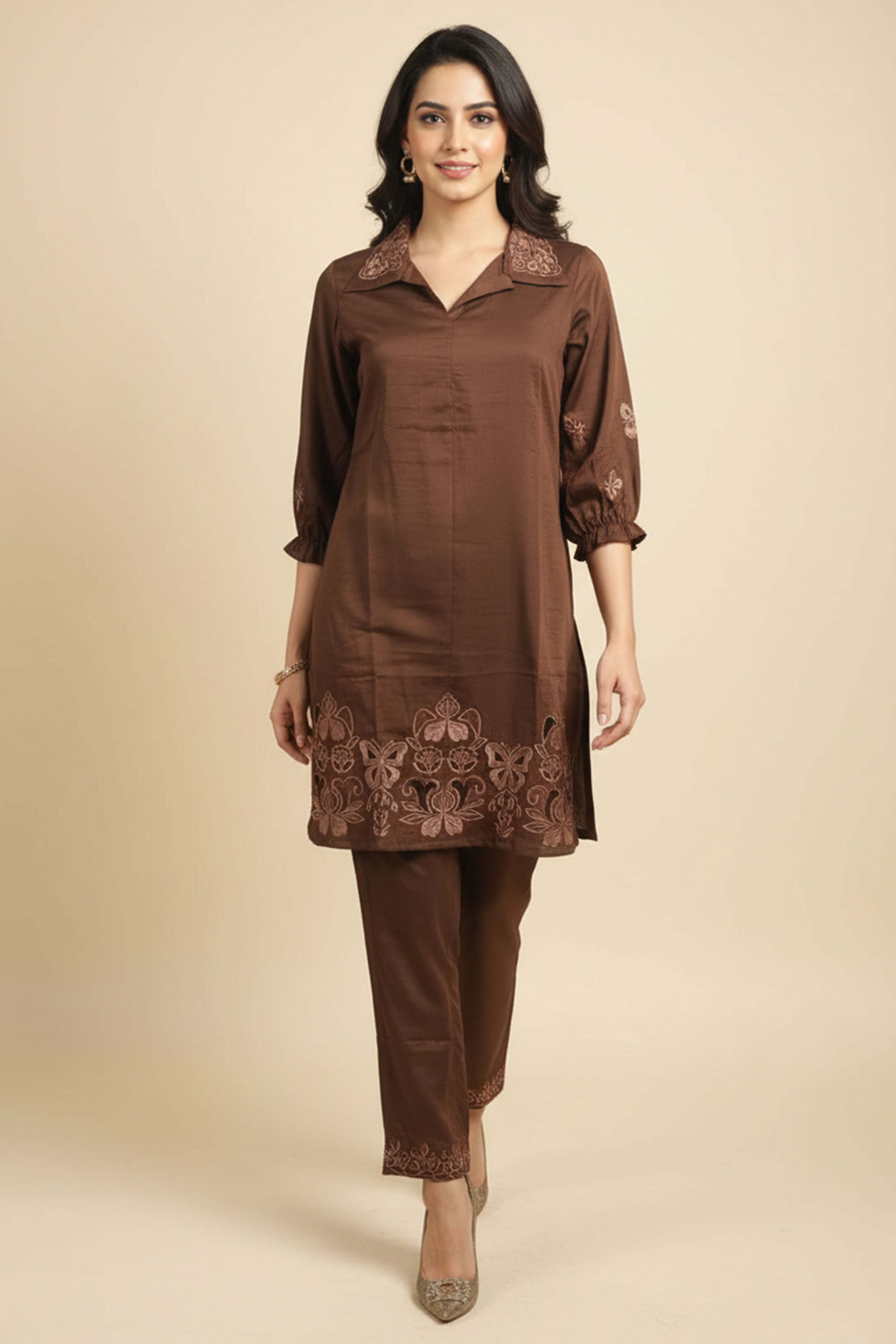 Brown Floral Embroidered Co-Ord Set In Soft Poly Chinon Fabric