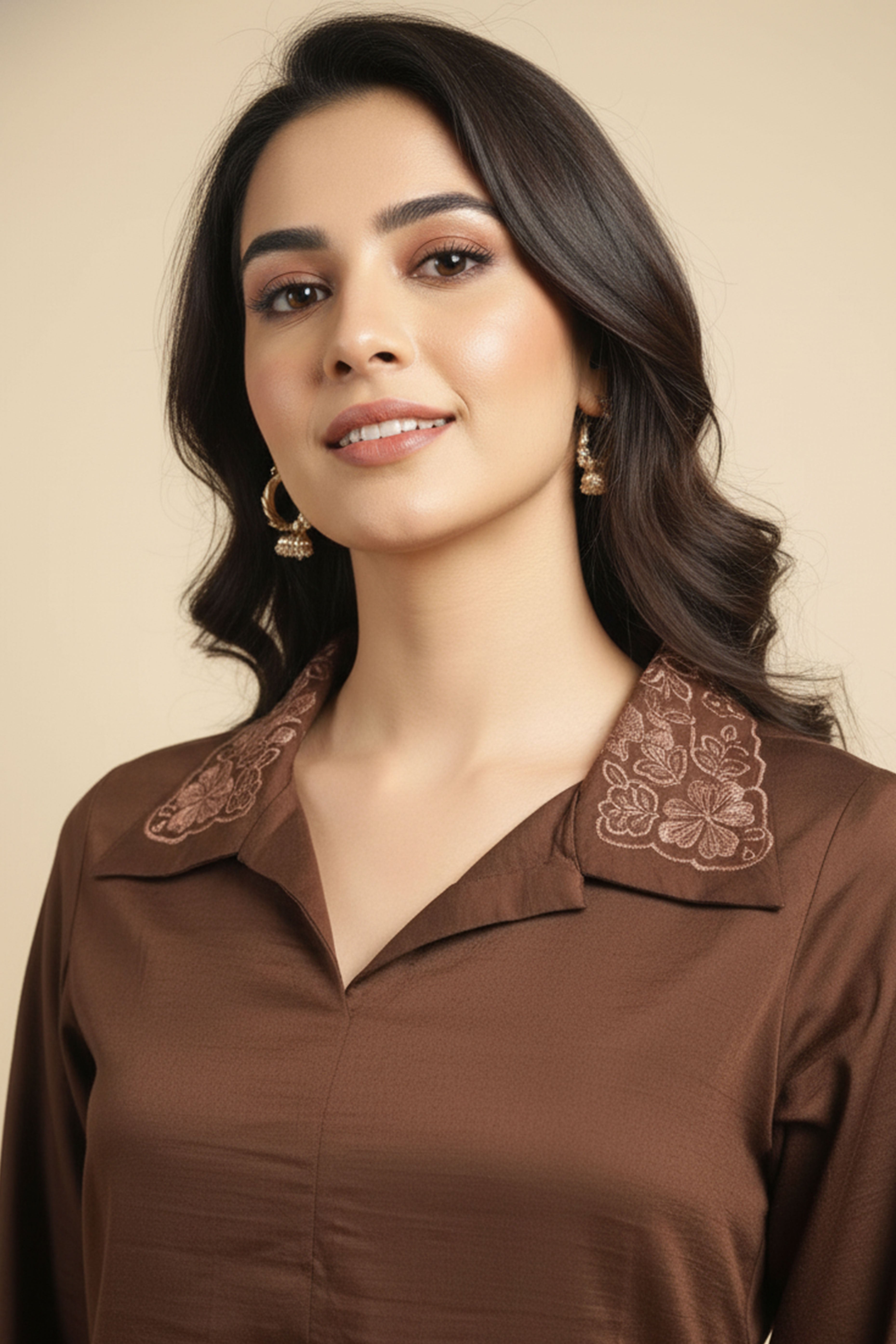 Brown Floral Embroidered Co-Ord Set In Soft Poly Chinon Fabric