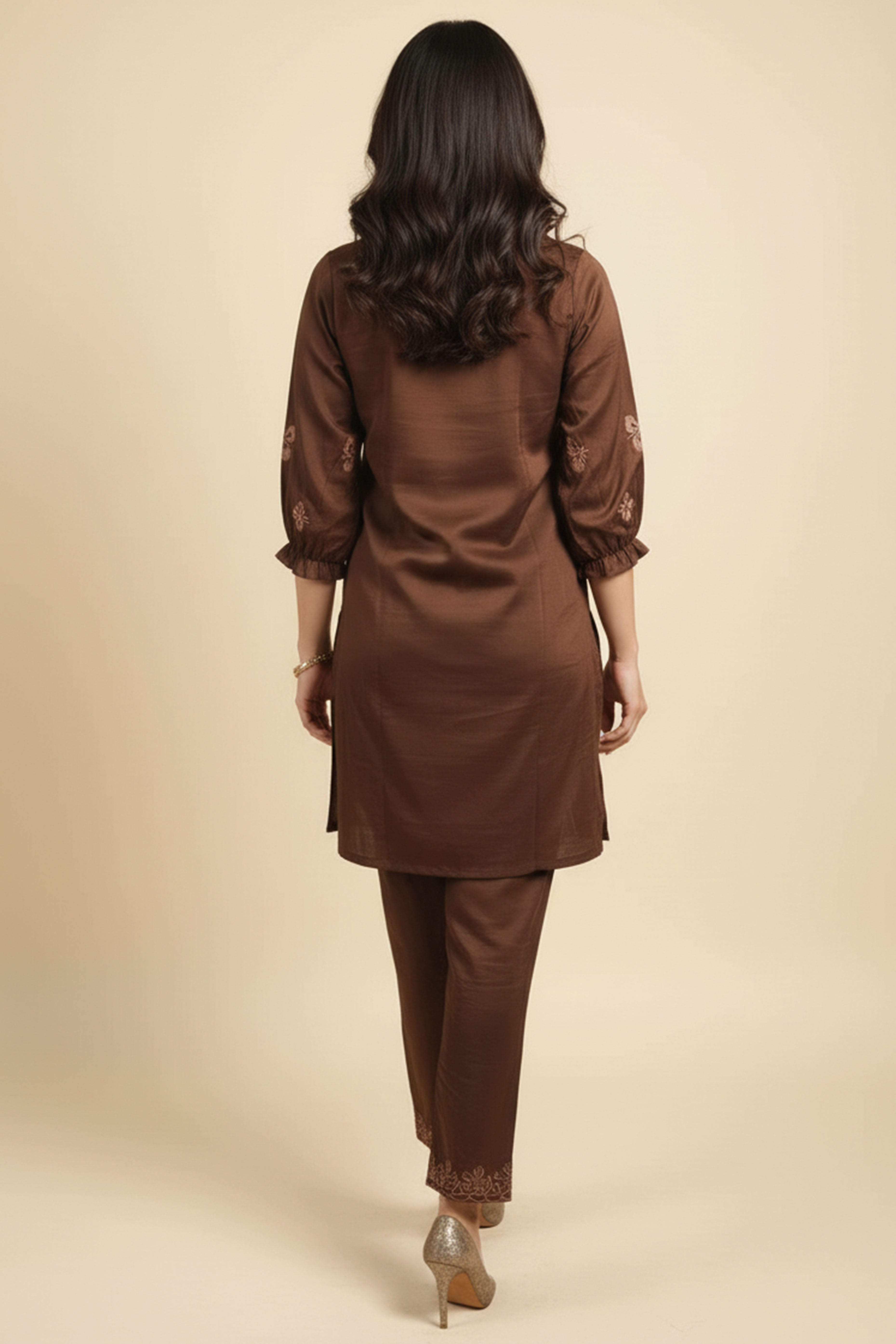 Brown Floral Embroidered Co-Ord Set In Soft Poly Chinon Fabric