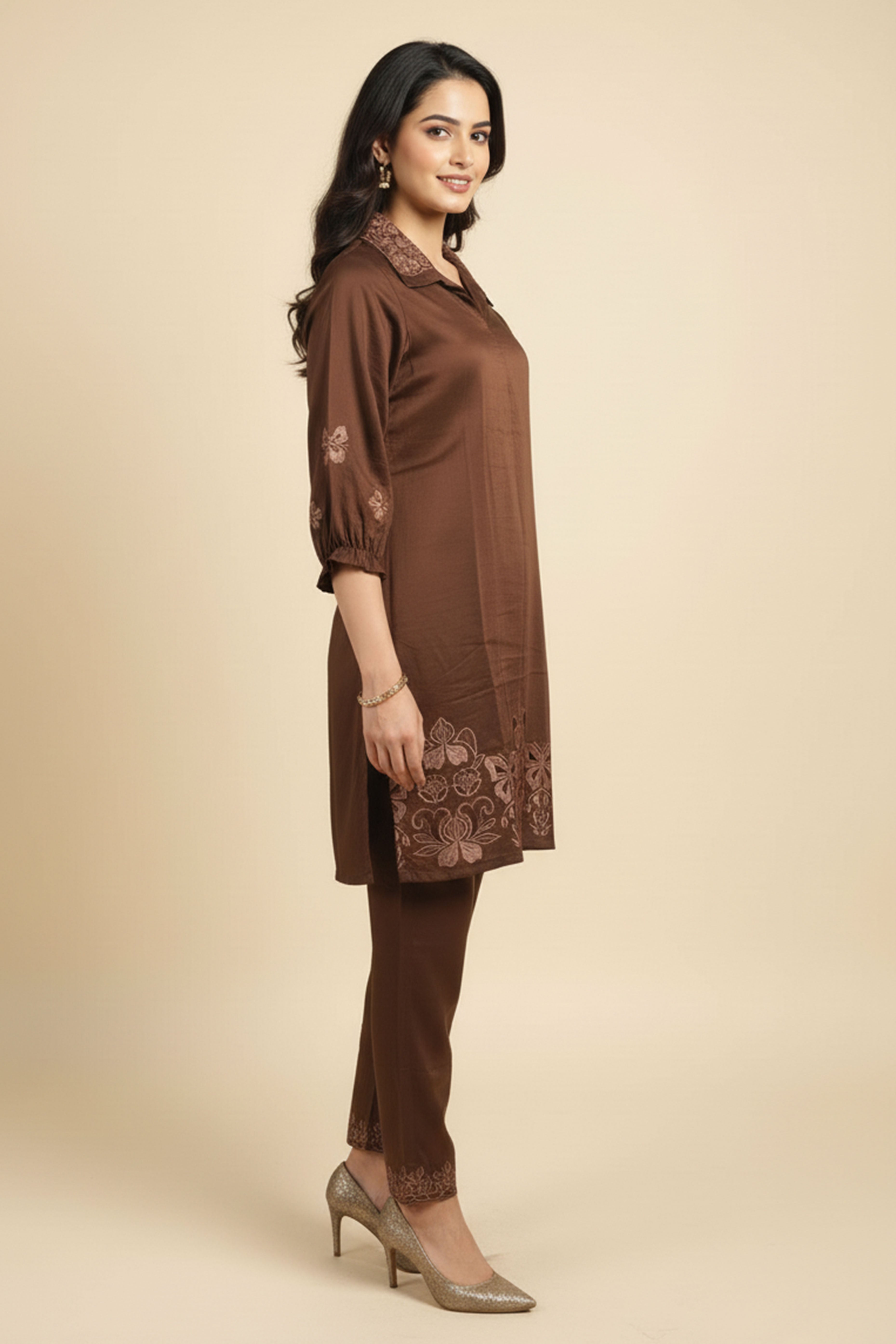Brown Floral Embroidered Co-Ord Set In Soft Poly Chinon Fabric