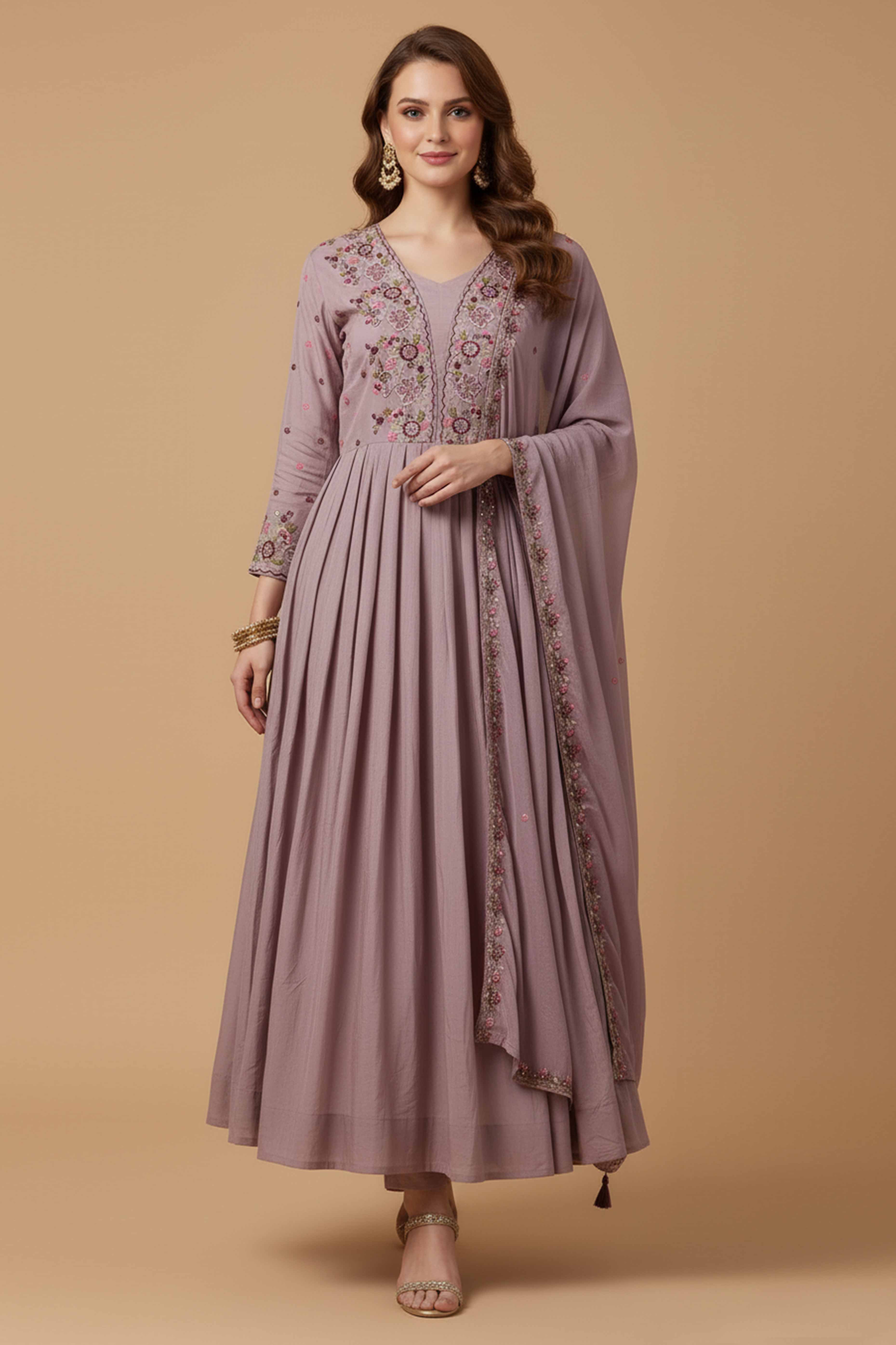 Lavender Viscose Chinon Anarkali Suit with Handcrafted Beaded and Stone Detailing