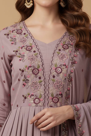 Lavender Viscose Chinon Anarkali Suit with Handcrafted Beaded and Stone Detailing