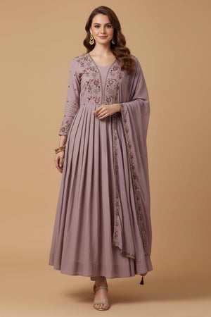 Lavender Viscose Chinon Anarkali Suit with Handcrafted Beaded and Stone Detailing