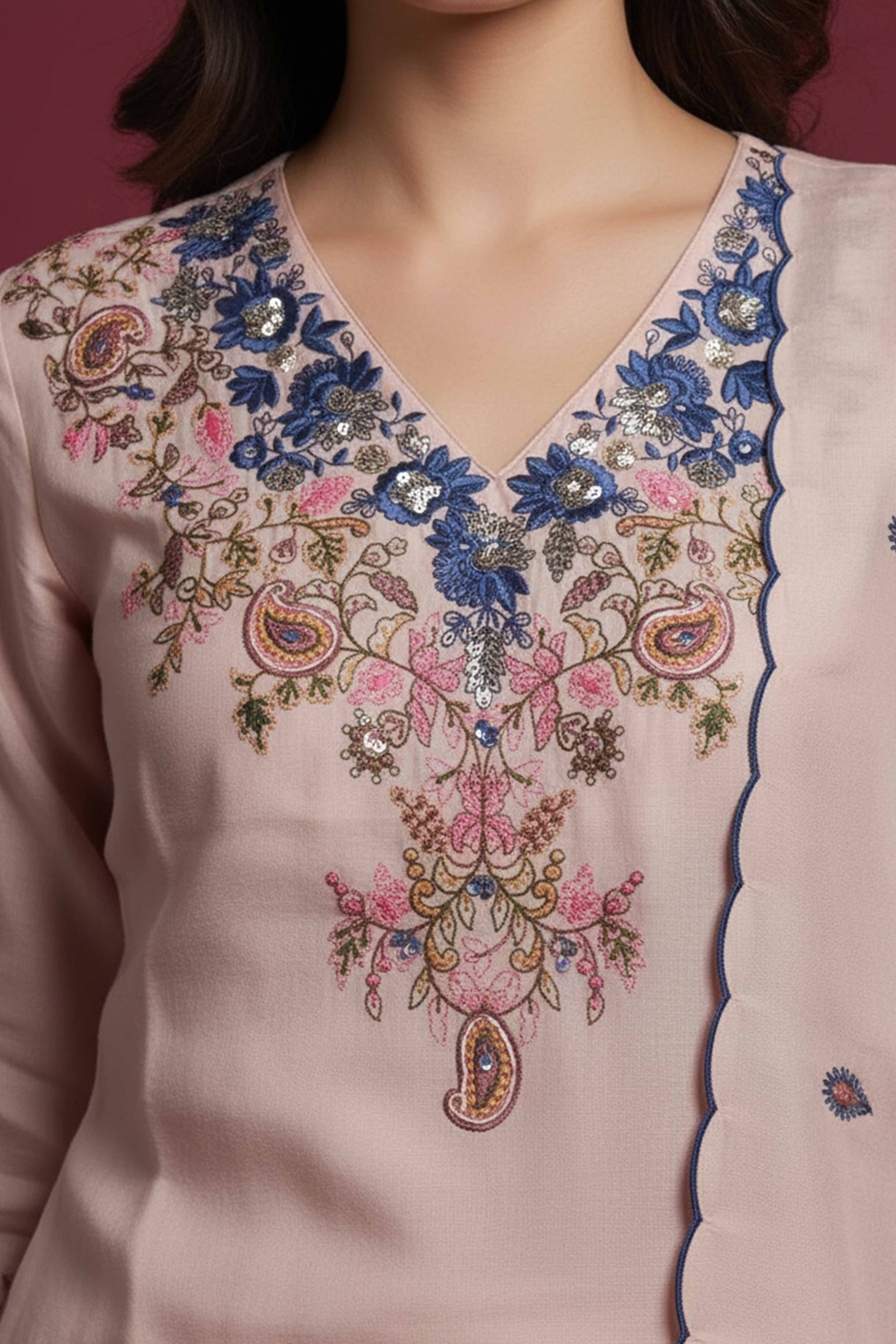 Graceful Baby Pink Viscose Sharara Suit With Floral Sequins Embroidery & Bead Detailing